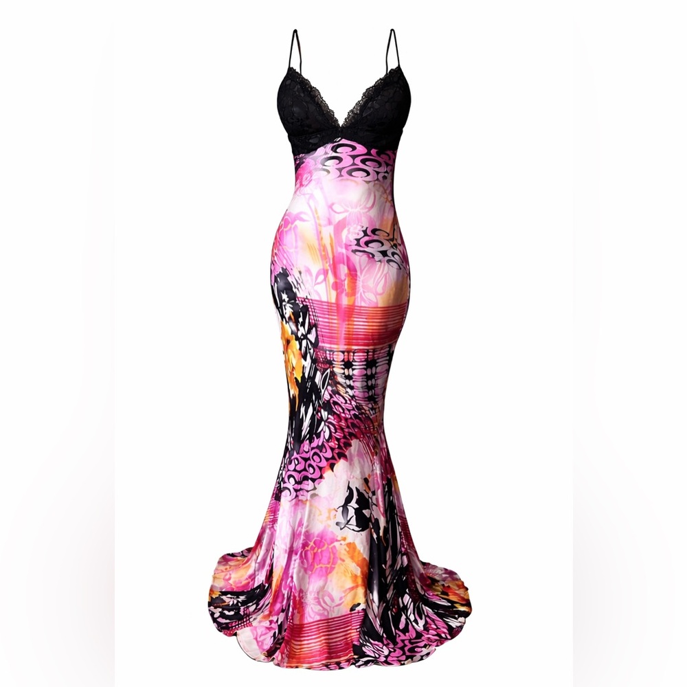 Mary L Couture Silk Mermaid Maxi Dress Lace Bodice Pink Abstract Y2K Glam-Size 2